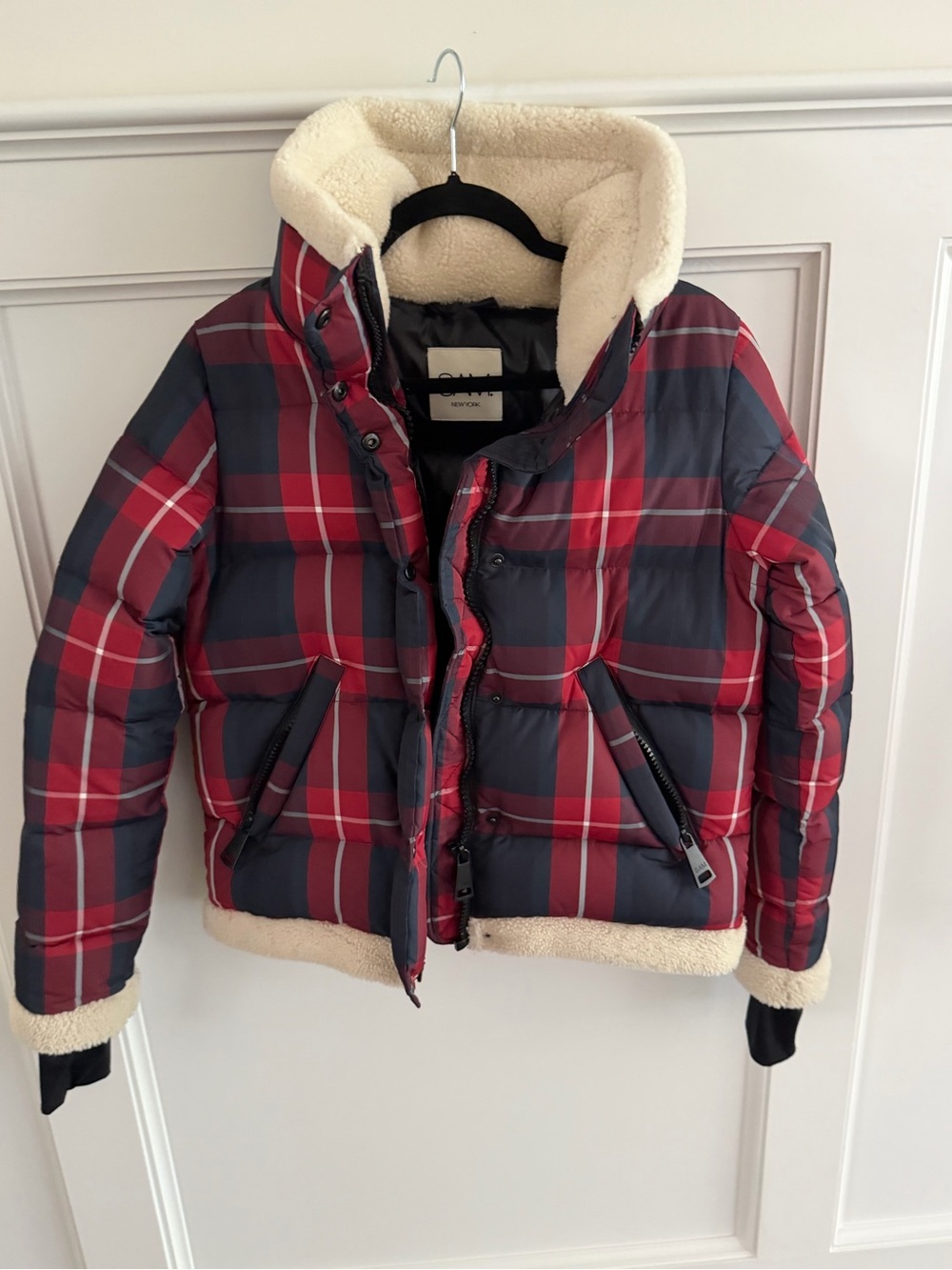 SAM. Kids Red and Navy Plaid Puffer Jacket with Sherpa Trim